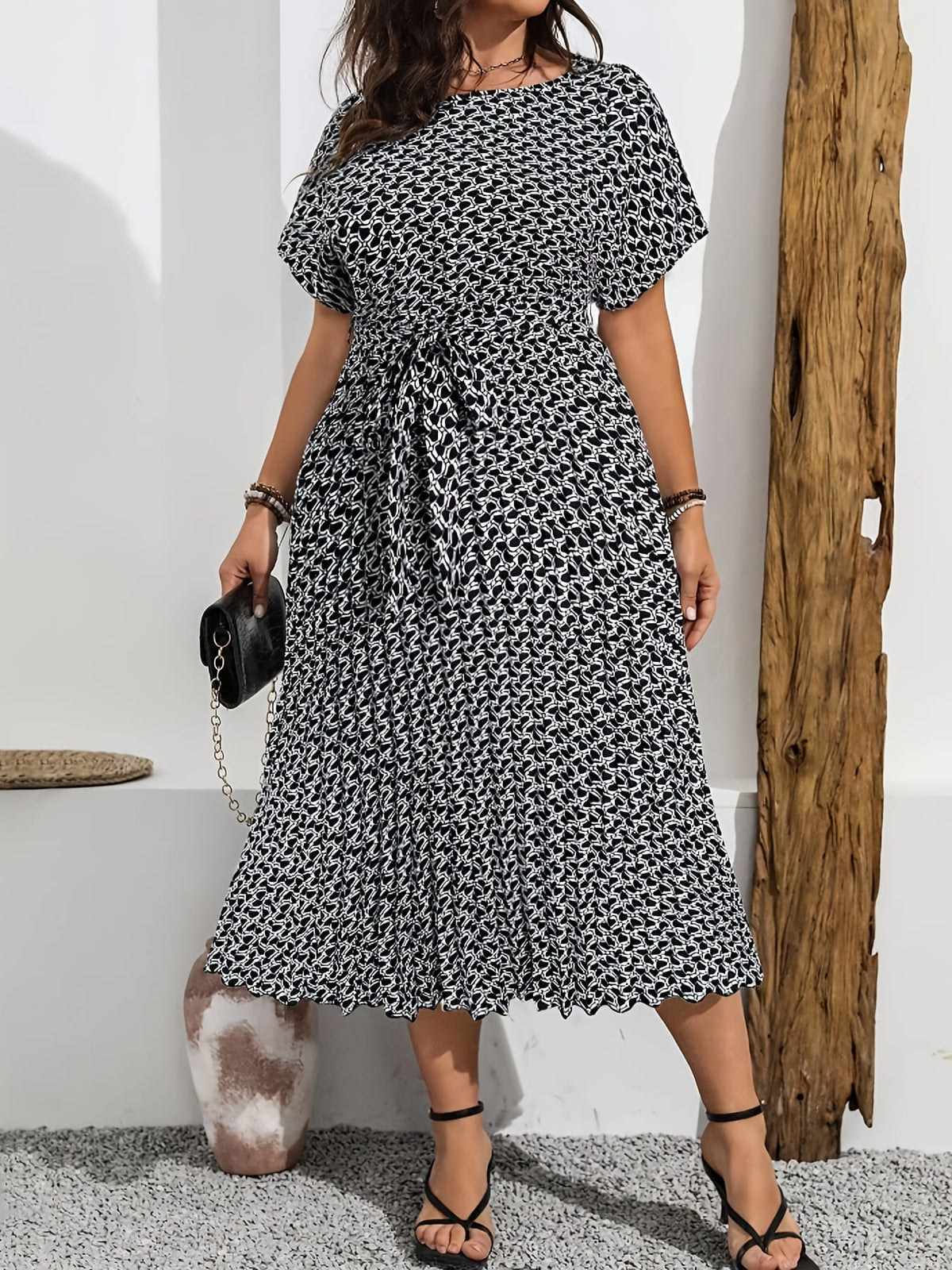 jkthpu-45 DXK Plus Size Elegant Houndstooth Print Midi Dress with Adjustable Waist Tie - Breathable Non-Stretch Fabric, Round Neck Pencil Skirt for Spring/Summer, Machine Washable, Spring Outfit, Chic Style, Comfortable Fit, Office Women