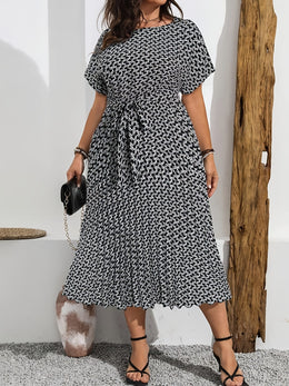 jkthpu-45 DXK Plus Size Elegant Houndstooth Print Midi Dress with Adjustable Waist Tie - Breathable Non-Stretch Fabric, Round Neck Pencil Skirt for Spring/Summer, Machine Washable, Spring Outfit, Chic Style, Comfortable Fit, Office Women