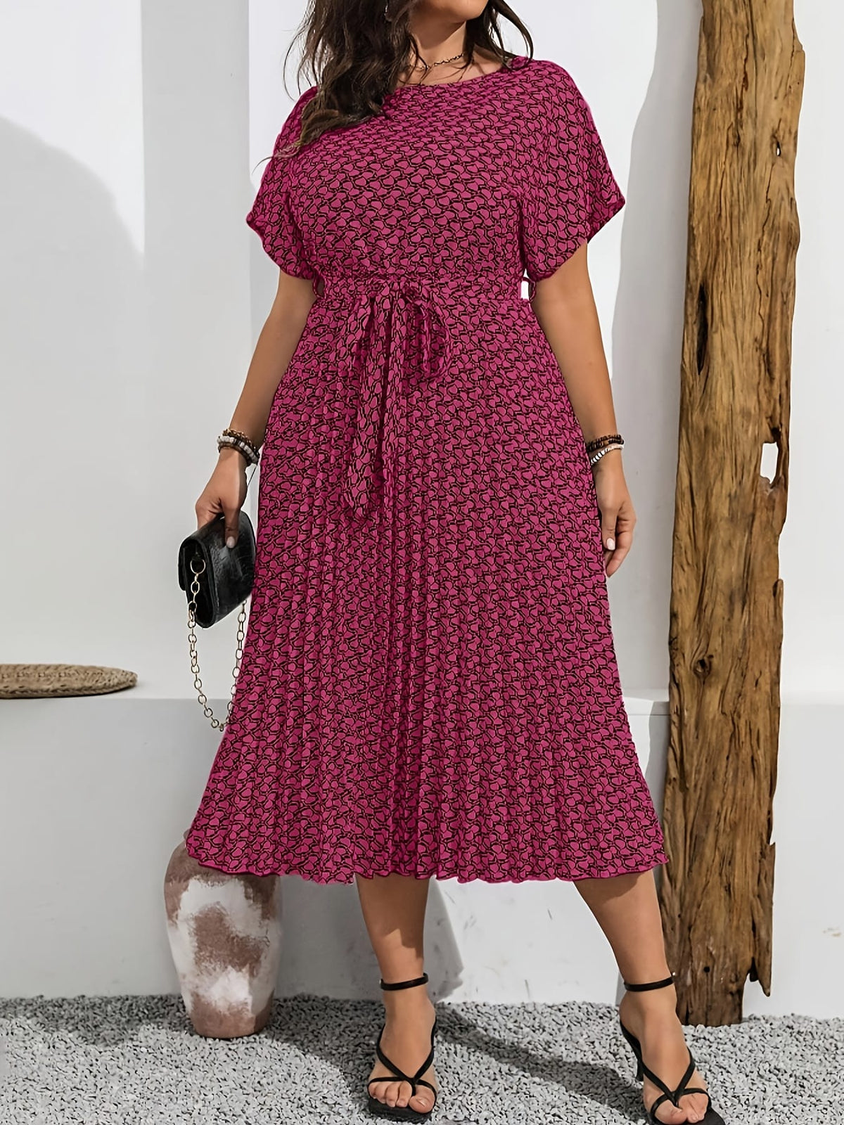jkthpu-45 DXK Plus Size Elegant Houndstooth Print Midi Dress with Adjustable Waist Tie - Breathable Non-Stretch Fabric, Round Neck Pencil Skirt for Spring/Summer, Machine Washable, Spring Outfit, Chic Style, Comfortable Fit, Office Women
