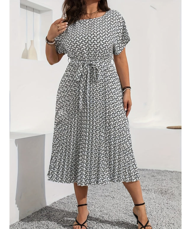 jkthpu-45 DXK Plus Size Elegant Houndstooth Print Midi Dress with Adjustable Waist Tie - Breathable Non-Stretch Fabric, Round Neck Pencil Skirt for Spring/Summer, Machine Washable, Spring Outfit, Chic Style, Comfortable Fit, Office Women