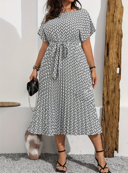 jkthpu-45 DXK Plus Size Elegant Houndstooth Print Midi Dress with Adjustable Waist Tie - Breathable Non-Stretch Fabric, Round Neck Pencil Skirt for Spring/Summer, Machine Washable, Spring Outfit, Chic Style, Comfortable Fit, Office Women