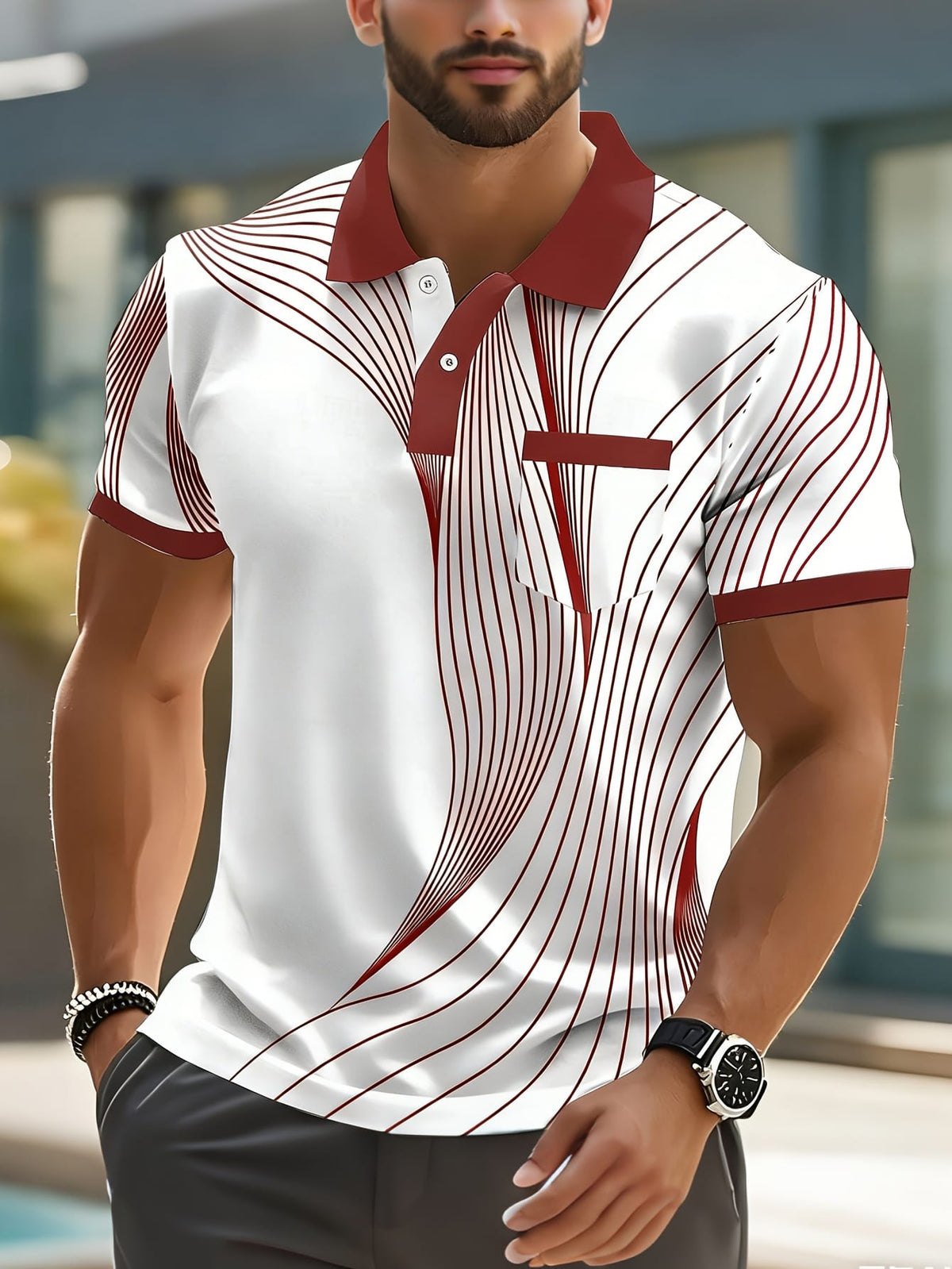KissICON Dynamic Line Print Mens Modern ShortSleeve Polo