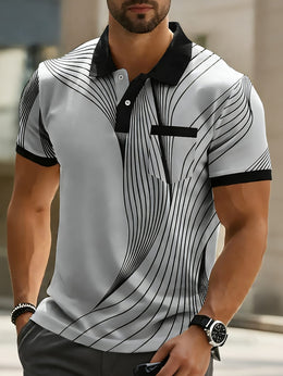 KissICON Dynamic Line Print Mens Modern ShortSleeve Polo