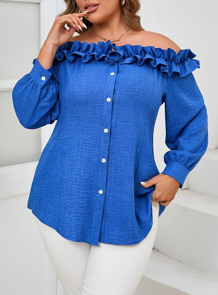 Elegant Women's Off-Shoulder Ruffle Trim Blouse - Long Sleeve, Button Front, Non-Stretch Polyester in Vibrant Blue, Machine Washable