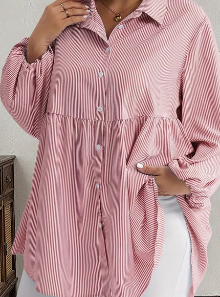 Plus Size, Women's Plus Size Oversized White & Green Horizontal Striped Button- Shirt Jacket-like Blouse - Short Sleeve-like Collar, Wrinkle-Resistant (Machine Washable) H-Line Fit for Year-Round Casual & Dressy Wear (No)