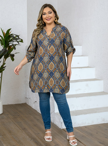 Plus Size - Women'S Plus Size Tropical Print V-Neck Blouse - Elegant Loose Fit Long Shirt with Adjustable Three-Quarter Sleeves, Half Placket & Button Front, Comfortable Casual Top for Casual Attire, Casual Attire Blouse | Vn
