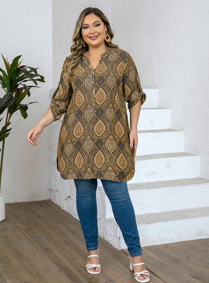 Plus Size - Women'S Plus Size Tropical Print V-Neck Blouse - Elegant Loose Fit Long Shirt with Adjustable Three-Quarter Sleeves, Half Placket & Button Front, Comfortable Casual Top for Casual Attire, Casual Attire Blouse | Vn