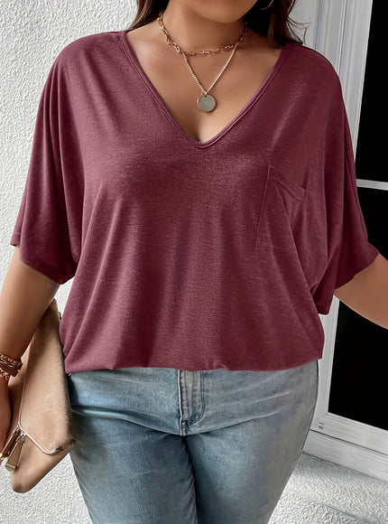 Plus Size, Plus Size Women's 2pcs Set Deep V Neck Solid Color Pocket Patch T-Shirt