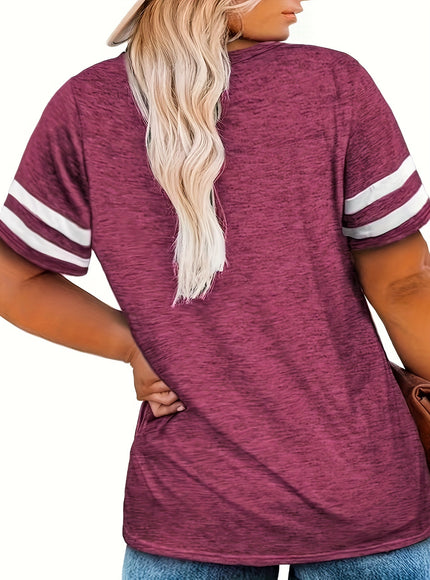Plus Size Women's V-Neck Short Sleeve T-Shirt - Lightweight Stretchy Summer Tee with Random Print, Loose Casual Fit, Machine Washable, Sizes XL-5XL for Everyday & Office Wear, Versatile Clothing, Striped Print Shirt, Soft Fab