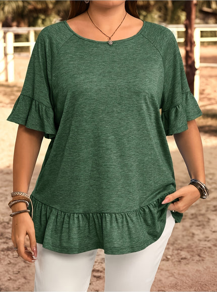 Plus Size, Women's Plus Size Bohemian Chic Short Sleeve T-Shirt - Ruffled Sleeve & Hem, Stretchy Round Neck Casual Top, Solid Blue Spring/Summer Machine Washable Elegant Resort Style Tee