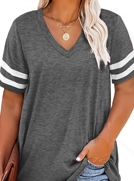 Plus Size Women's V-Neck Short Sleeve T-Shirt - Lightweight Stretchy Summer Tee with Random Print, Loose Casual Fit, Machine Washable, Sizes XL-5XL for Everyday & Office Wear, Versatile Clothing, Striped Print Shirt, Soft Fab
