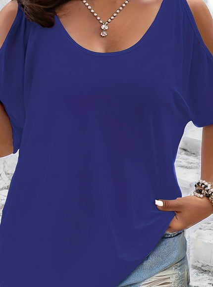 Plus Size Solid Cold Shoulder Women's Casual Crew Neck Short Sleeve T-Shirt