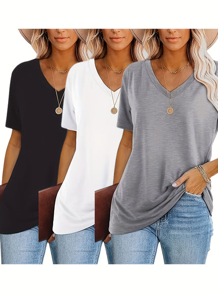 Women'S Plus Size Casual T-Shirt Set - 3pcs, V-Neck, Short Sleeve, Lightweight & Stretchy, All-Season Comfort, Casual Wear|Vneck Tshirt|Lightweight Fabric