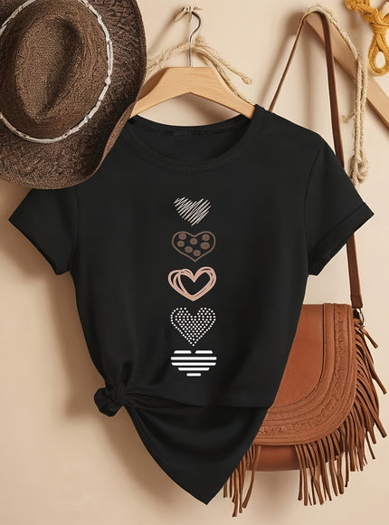Plus Size, Women's Plus Size Casual T-Shirt - Stretchy Everyday Top with Heart Patterns (White/rose Golden/Print) - Machine Washable Round Neck Shirt for Women - Non-See-Through Fabric for Spring, Summer, Fall Outfits, Ladies