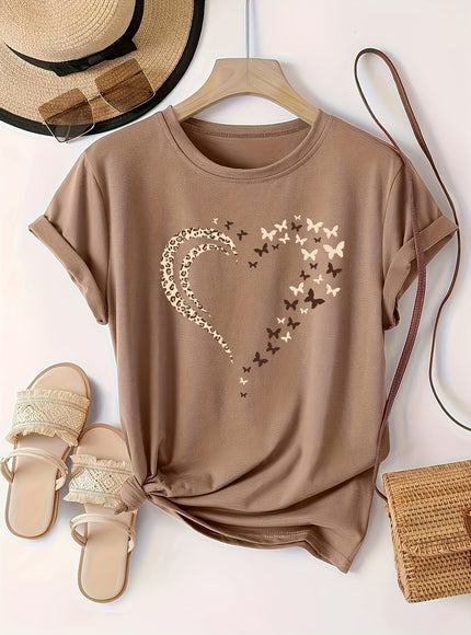 Plus Size Heart Print T-Shirt, Casual Crew Neck Short Sleeve T-Shirt, Women's Plus Size Clothing