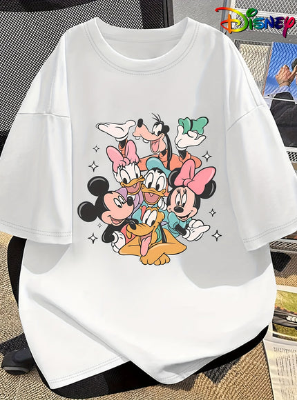 Disney Official Women's Summer New Arrival Oversized Fashionable Mickey Mouse & Friends Cartoon Print Casual Round Neck T-Shirt, Machine Washable Loose Fit Fun Design Comfort Fabric for Home and Outing Wear