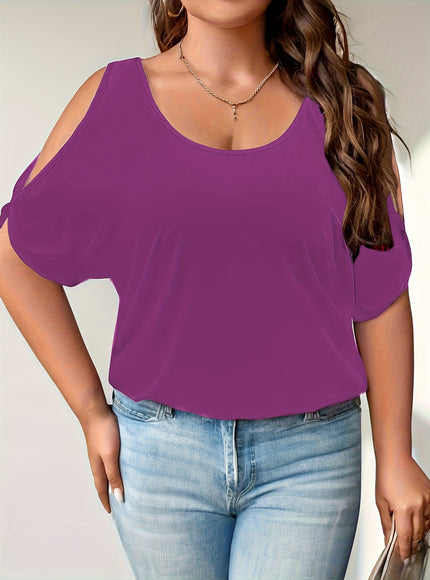 Plus Size Solid Cold Shoulder Women's Casual Crew Neck Short Sleeve T-Shirt