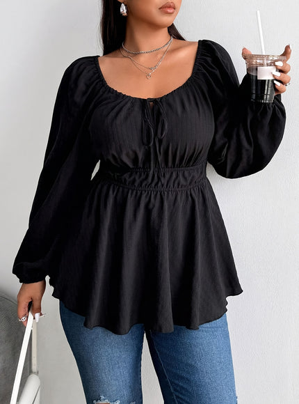 Plus Size - Plus Size - Plus Size - Women'S Plus Size Navy Blue Blouse with Front Drawstring & Ruffled Sleeves - Casual Keyhole Neckline, Long Sleeve, Non-Stretch Fabric, Perfect for Casual Attire, Casual Wear Blouse | Ruffle