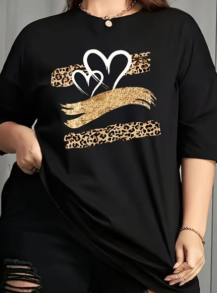 Plus Size Women's Elegant Geometric Heart & Leopard Print T-Shirt - Stretchy Round Neck Casual Top for Spring Summer Fall, Machine Washable, Seasonal Fashion, Quality Applique Details
