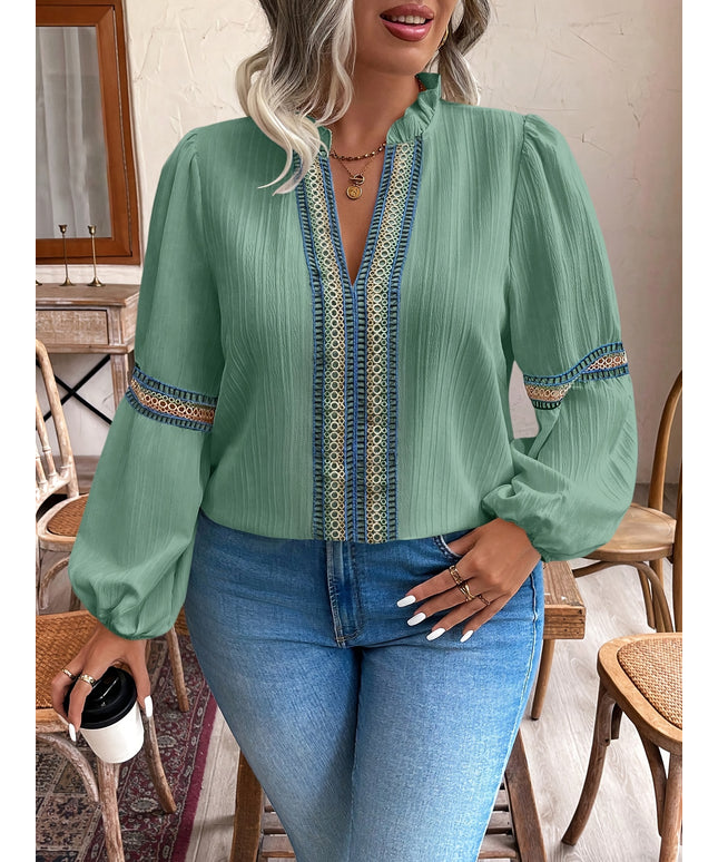 Plus Size - Plus Size, Plus Size Women'S Casual Vacation Ruffle Hem Notch Collar Lantern Sleeve Color Block Lace Patchwork Shirt Top
