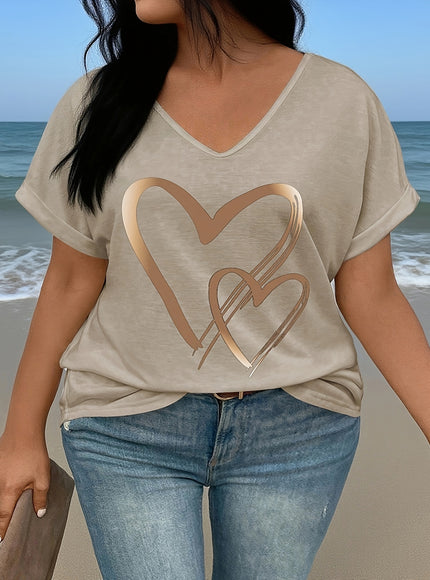 Plus Size - Women'S Plus Size V-Neck T-Shirt with Heart Print & "LOVE" Design - Casual Short Sleeve, Lightweight Polyester, Spring/Summer/Fall Wear, Everyday Tshirt | Heart Motif Top | Stretchy Fabric