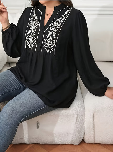 Plus Size, Women's Plus Size Blouse - Elegant Black & Floral-like Pattern, Loose Fit Maxi Shirt with Lantern Sleeves for Formal/Casual Events - Machine Washable Non-See-Through Blouse - Curvy Women's Tops, Versatile Top, Embr