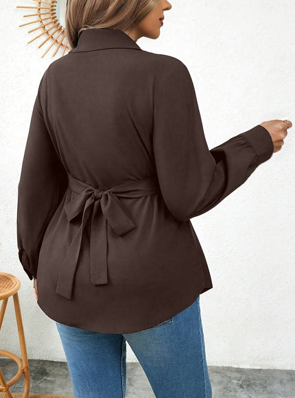 Women'S Elegant Solid Color Shirt with Belt, Polyester 100% Long Sleeve Raglan Sleeve, All-Season H-Fit with Lapel Collar, Button Placket, Regular Length - Woven Fabric 113 gsm