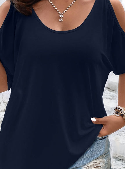 Plus Size Solid Cold Shoulder Women's Casual Crew Neck Short Sleeve T-Shirt