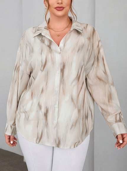 Plus Size - Women'S Tie-Dye Off-Shoulder Blouse - Lightweight Viscose Fabric, Long Sleeve, Button-Up Shirt with Lapel Collar, Perfect for Spring/Summer/Fall, Casual to Formal Wear, Casual Summer Top | Casual Style | Viscose F