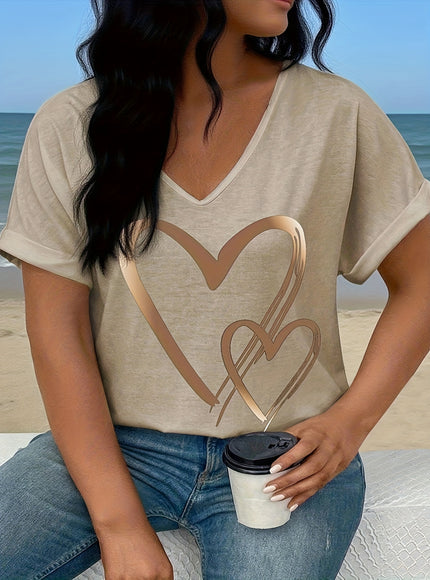 Plus Size - Women'S Plus Size V-Neck T-Shirt with Heart Print & "LOVE" Design - Casual Short Sleeve, Lightweight Polyester, Spring/Summer/Fall Wear, Everyday Tshirt | Heart Motif Top | Stretchy Fabric