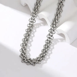 KissICON EILIECK 316L Stainless Steel Silver Color Cuban Chain Statement Necklace Bracelet Set Charm Fashion Women Waterproof Jewelry Set