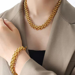 KissICON EILIECK 316L Stainless Steel Silver Color Cuban Chain Statement Necklace Bracelet Set Charm Fashion Women Waterproof Jewelry Set