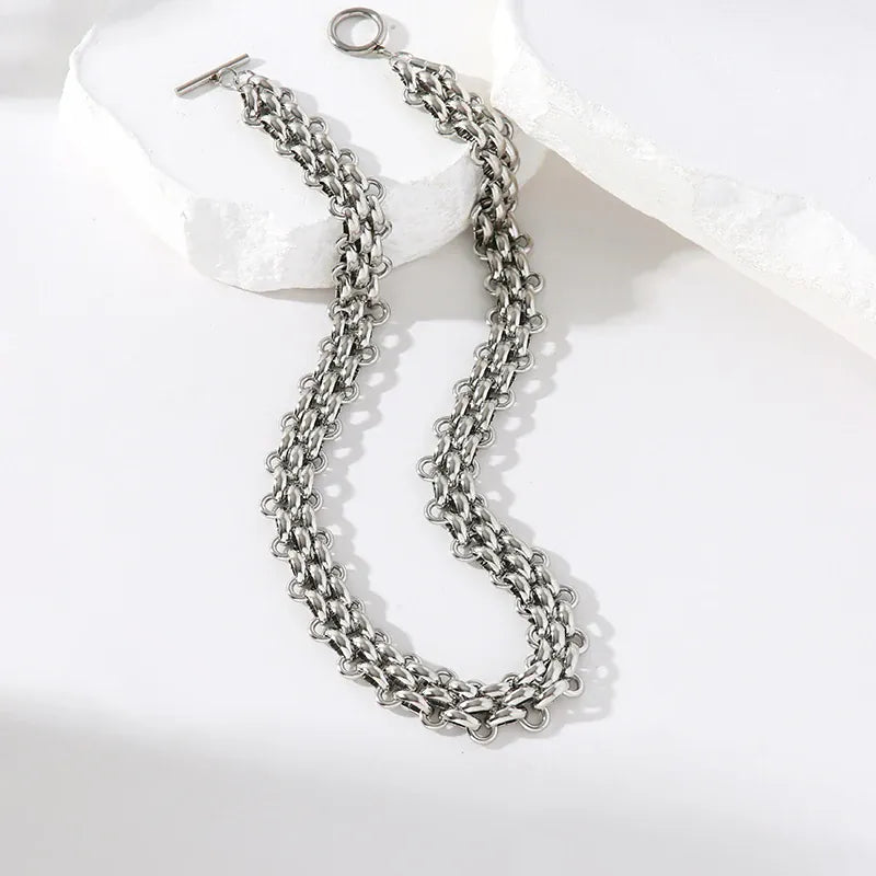 KissICON EILIECK 316L Stainless Steel Silver Color Cuban Chain Statement Necklace Bracelet Set Charm Fashion Women Waterproof Jewelry Set