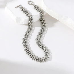 KissICON EILIECK 316L Stainless Steel Silver Color Cuban Chain Statement Necklace Bracelet Set Charm Fashion Women Waterproof Jewelry Set