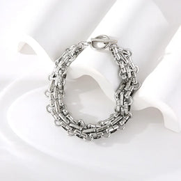 KissICON EILIECK 316L Stainless Steel Silver Color Cuban Chain Statement Necklace Bracelet Set Charm Fashion Women Waterproof Jewelry Set