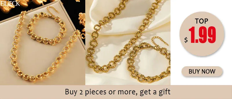 KissICON EILIECK 316L Stainless Steel Silver Color Cuban Chain Statement Necklace Bracelet Set Charm Fashion Women Waterproof Jewelry Set