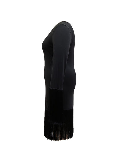 jkthpu-45 Elegant Asymmetrical Neck Bodycon Midi Dress, Plus Size, Polyester Blend, Medium Stretch, Solid Color with Tassel Detail for All Seasons