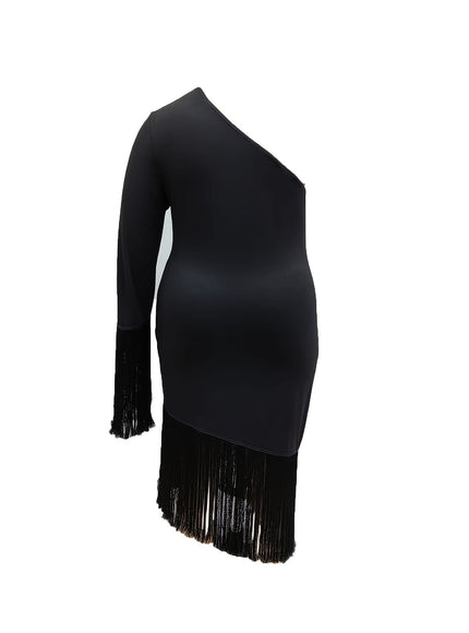 jkthpu-45 Elegant Asymmetrical Neck Bodycon Midi Dress, Plus Size, Polyester Blend, Medium Stretch, Solid Color with Tassel Detail for All Seasons