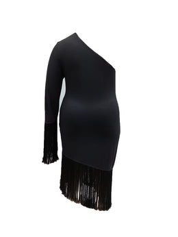 jkthpu-45 Elegant Asymmetrical Neck Bodycon Midi Dress, Plus Size, Polyester Blend, Medium Stretch, Solid Color with Tassel Detail for All Seasons