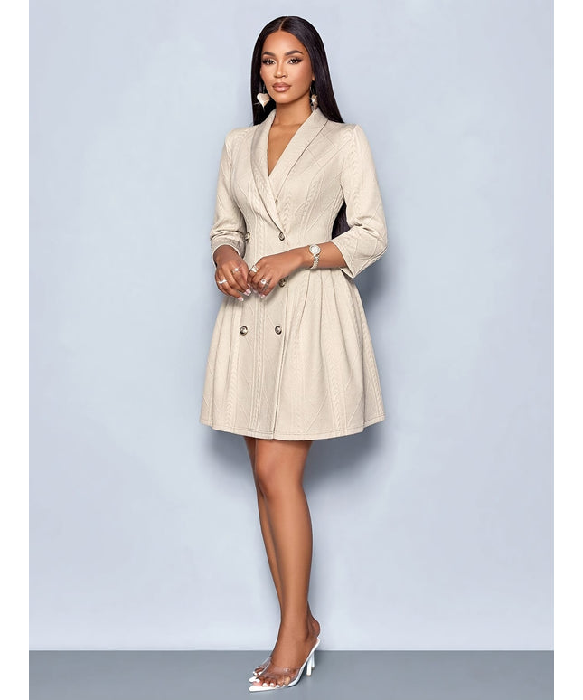 jkthpu-45 Elegant Beige Blazer Dress for Women - Chic Long Sleeve, Button-Up, Lapel Collar, Thickened Fabric, Perfect for Business, Commute, Valentine'S Day, and New Year Parties, Winter Attire | Sophisticated Style | Textured Fabric