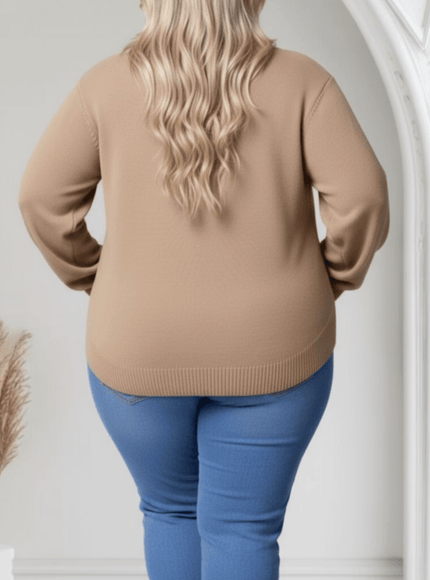 jkthpu-45 Elegant Beige Plus Size Shawl Collar Cozy Ribbed Sweater