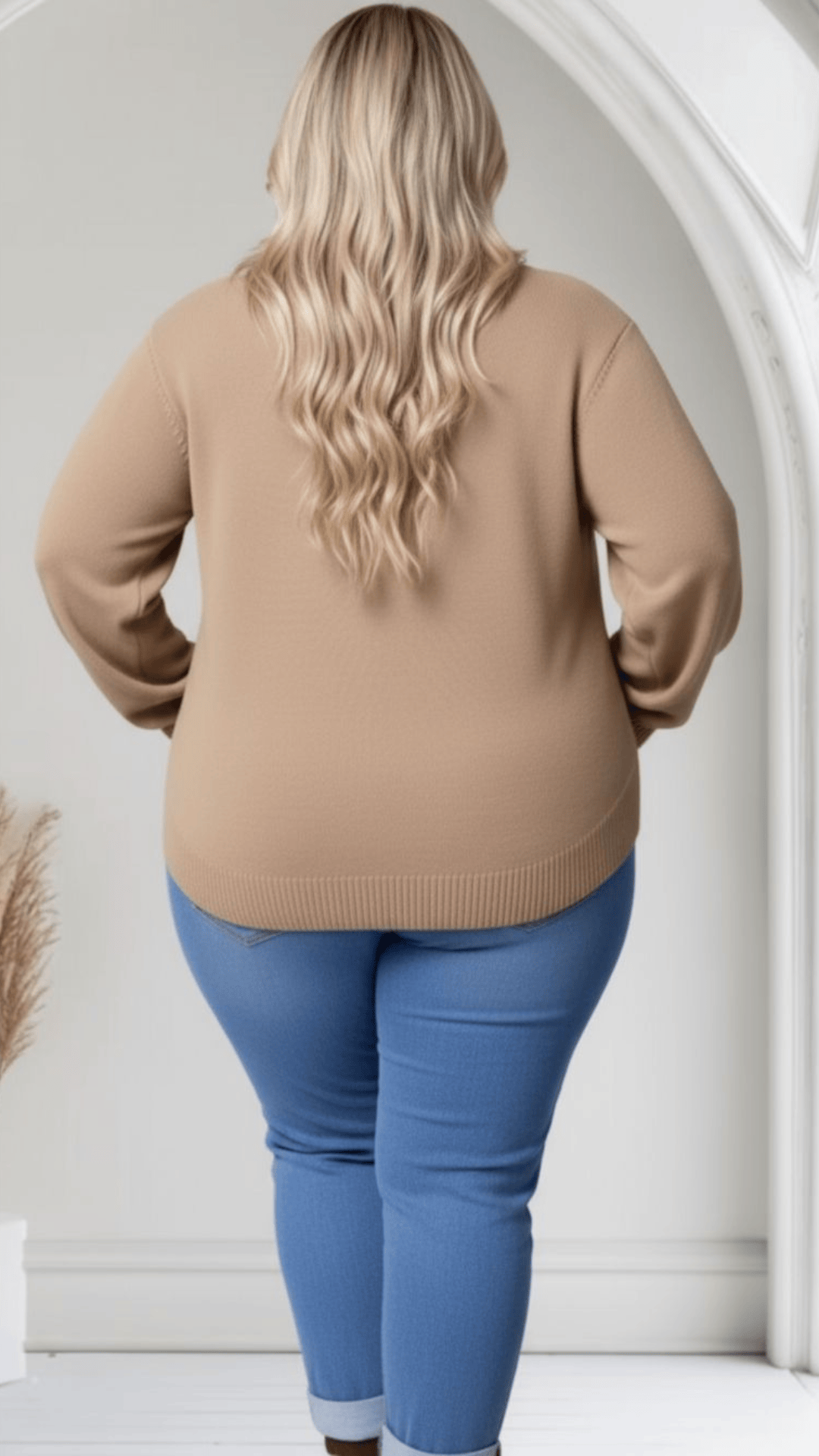 jkthpu-45 Elegant Beige Plus Size Shawl Collar Cozy Ribbed Sweater
