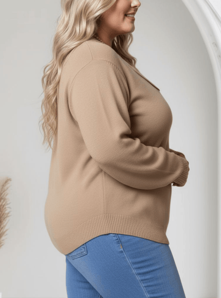 jkthpu-45 Elegant Beige Plus Size Shawl Collar Cozy Ribbed Sweater