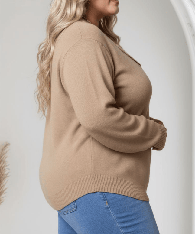 jkthpu-45 Elegant Beige Plus Size Shawl Collar Cozy Ribbed Sweater