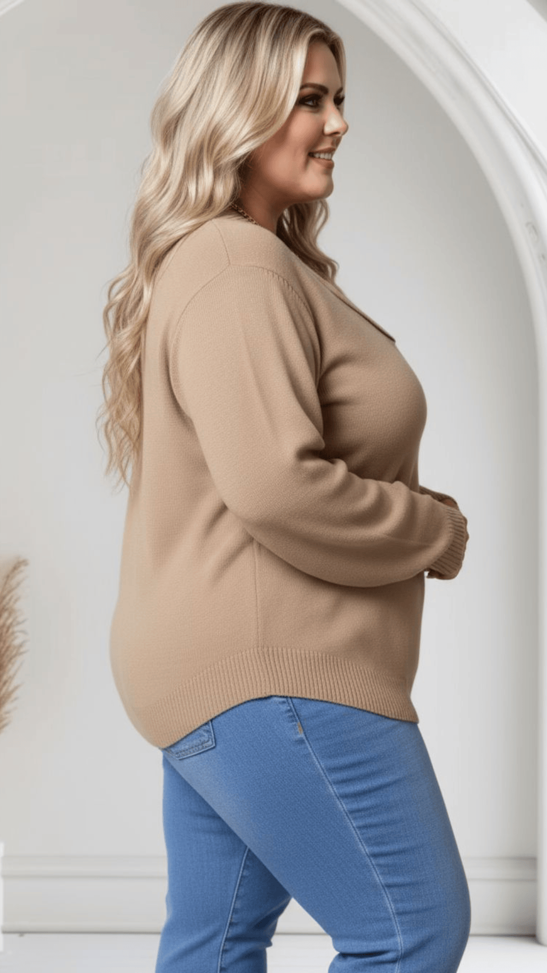 jkthpu-45 Elegant Beige Plus Size Shawl Collar Cozy Ribbed Sweater