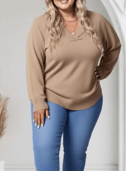 jkthpu-45 Elegant Beige Plus Size Shawl Collar Cozy Ribbed Sweater