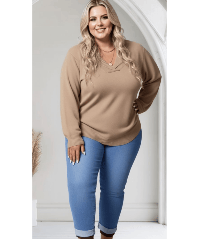 jkthpu-45 Elegant Beige Plus Size Shawl Collar Cozy Ribbed Sweater