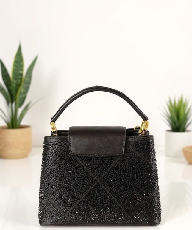 KissICON Elegant Black Crystal Studded Handbag with Gold Accents – Luxury Top Handle & Crossbody