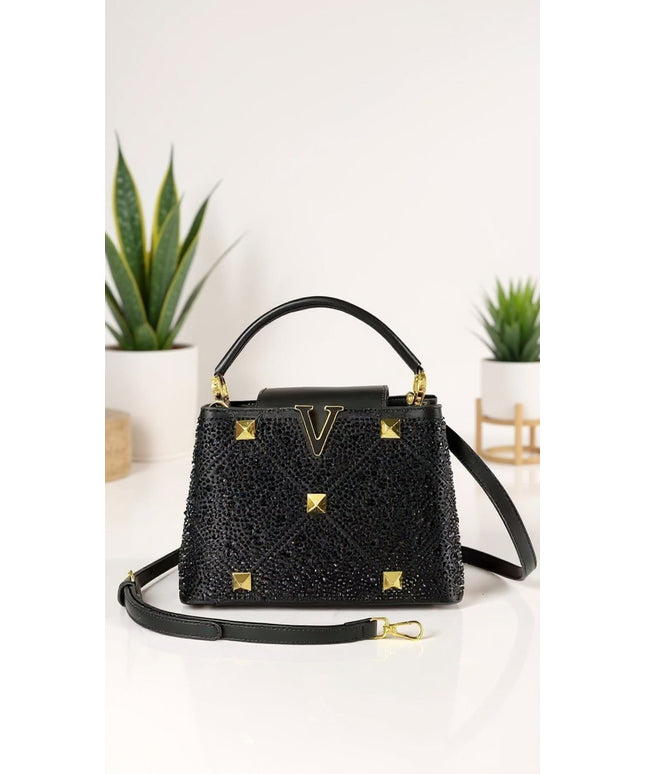 KissICON Elegant Black Crystal Studded Handbag with Gold Accents – Luxury Top Handle & Crossbody