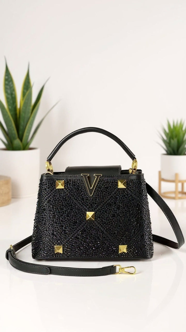 Elegant Black Crystal Studded Handbag with Gold Accents – Luxury Top Handle & Crossbody